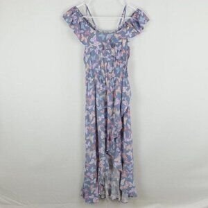 Epic Threads Girls XL Blue Pink Butterfly Faux Wrap Cold Shoulder Ruffled Dress